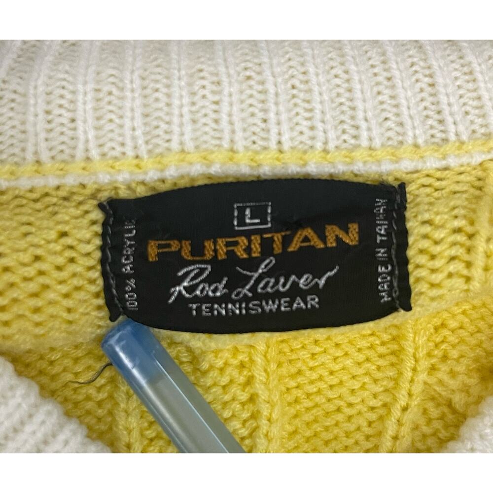 Vintage Puritan Sweater Pastel Yellow with White/Blue Trim Tennis Cricket Jumper - Picture 9 of 10